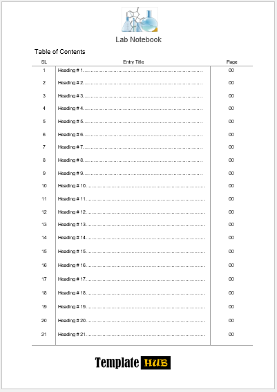 Professional Table of Contents Template – Lab Notebook