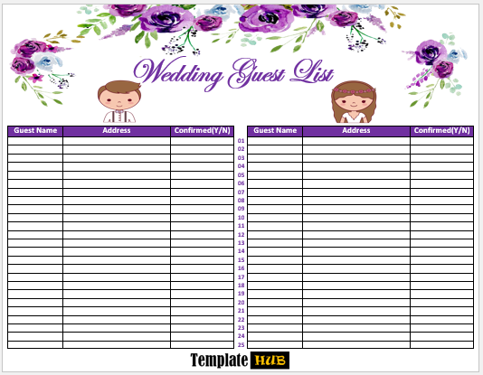 Wedding Guest List Template – Purple Theme