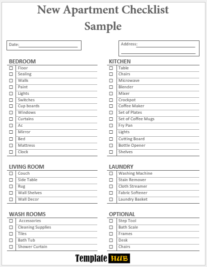 New Apartment Checklist Sample – Simple Format