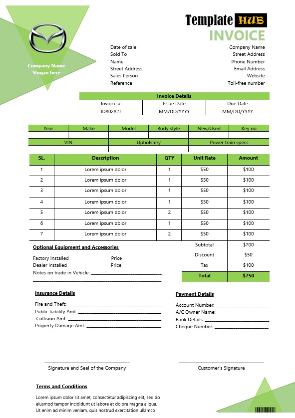 Vehicle Sales Invoice Template – Green and White Theme