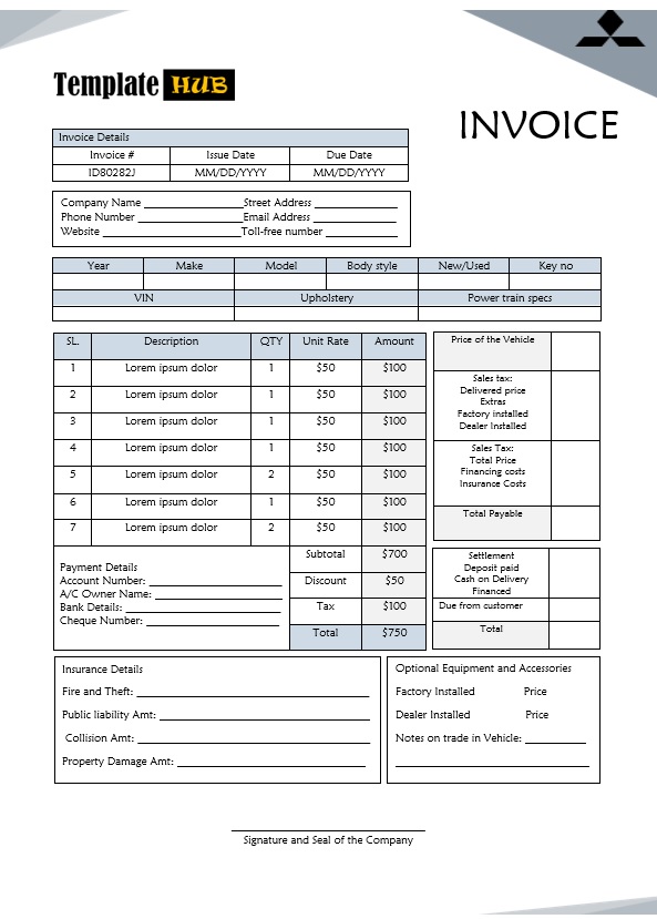 Vehicle Sales Invoice Template – Editable Format