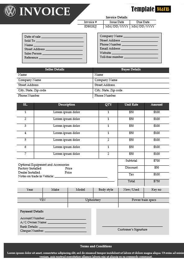 Vehicle Sales Invoice Template – Gray Color Theme