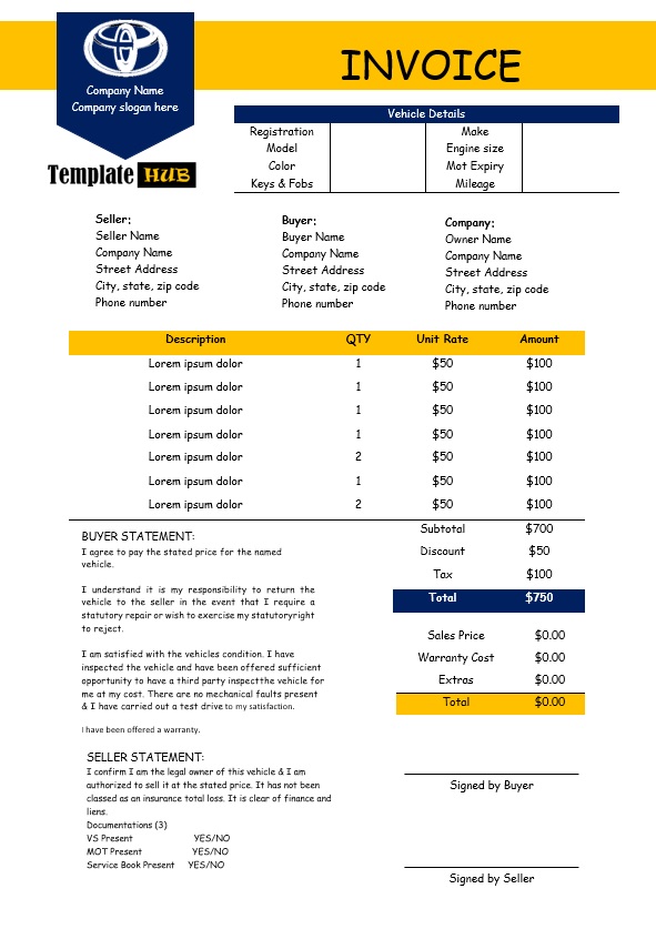 Vehicle Sales Invoice Template – Yellow and Blue Theme