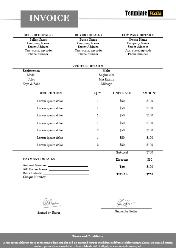 Vehicle Sales Invoice Template – Gray and White Theme