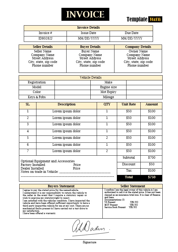 Vehicle Sales Invoice Template – Yellow and Black Theme