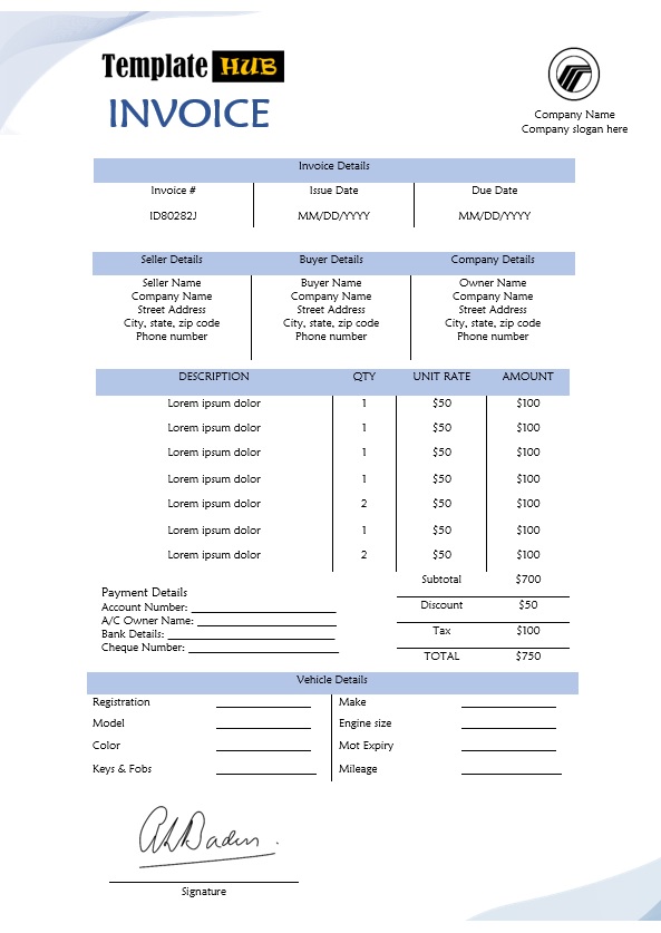 Vehicle Sales Invoice Template – Elegant Layout