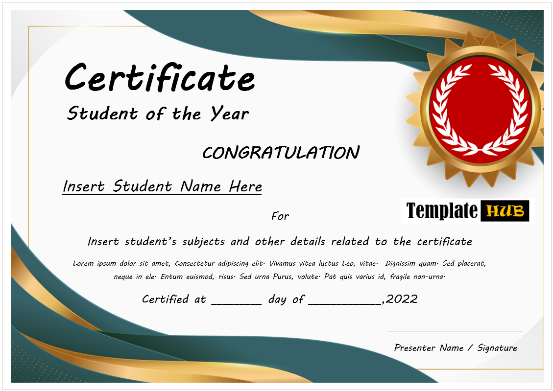 Student of the Year Certificate Template – Green and Golden