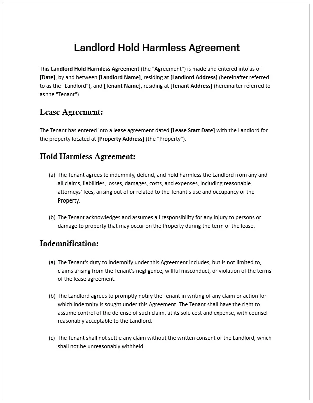 Landlord Hold Harmless Agreement